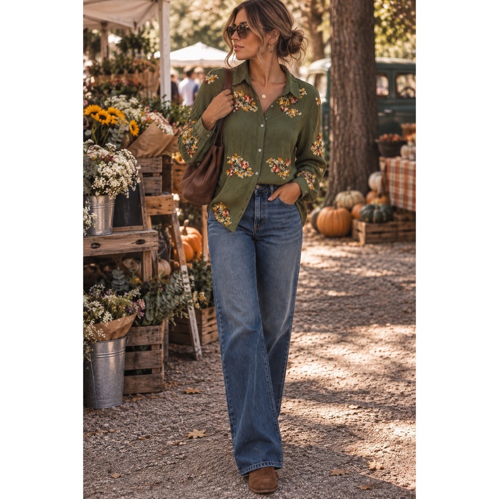 Fig & Flower Anthropologie Olive Green Embroidered Floral Button Down S